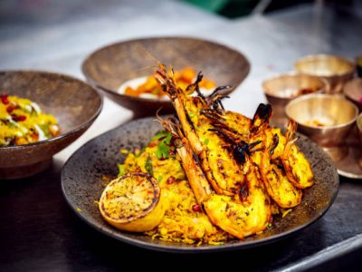 Seafood, Biryani, Fine Dining, Indian Food, Sea Food - Freshly Cooked Tiger Prawn Biryani Ready to be Served along with Condiments