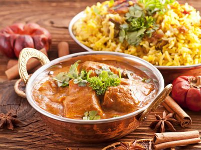 meat, pilaf and vegetables